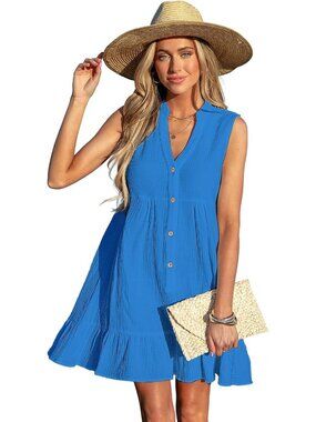 Womens Royal Blue Cotton Swimsuit Coverup Beach Cover Up Button Down Ruffle Hem
